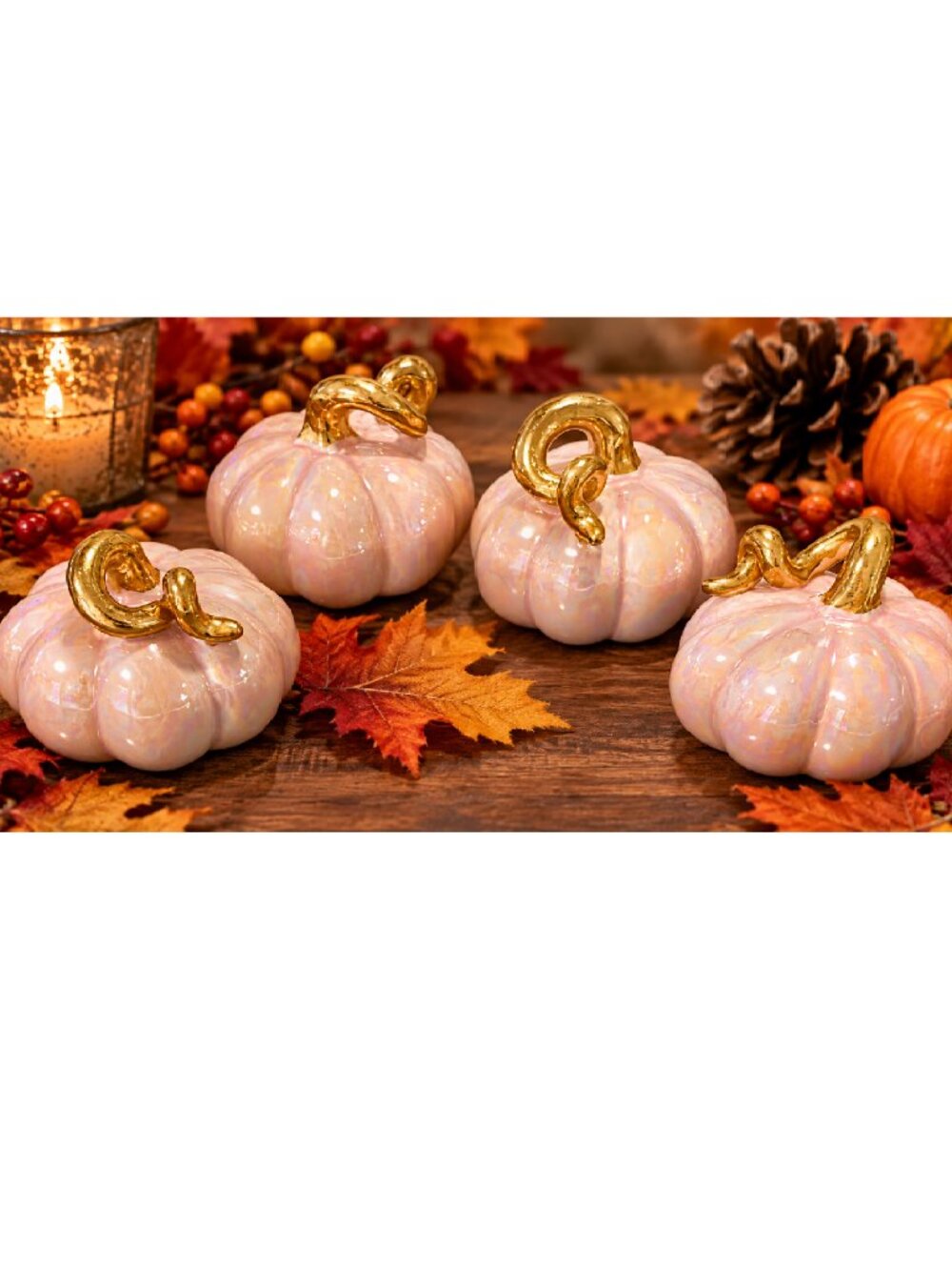 Set of 4 Mini Ceramic Pumpkins Pink Pearlescent w Gold Stem New in Box
